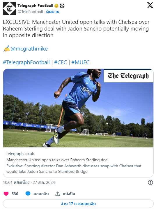 Telegraph Football โพสทวิต ดีลสเตอริ่ง