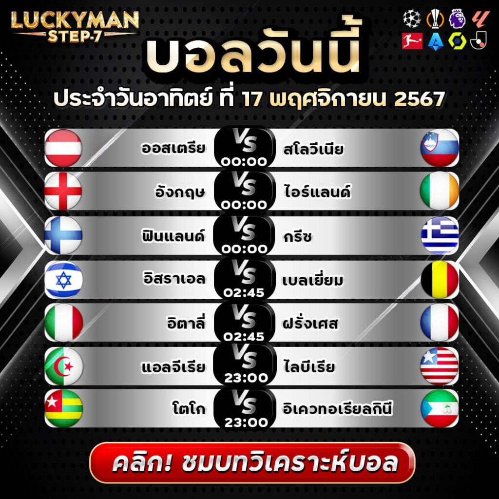 วิเคราะห์บอลวันนี้ ทีเด็ด สเต็ป วันที่ 17 พฤศจิกายน 2567 By ลัคกี้แมน