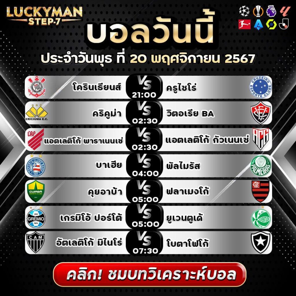 วิเคราะห์บอลวันนี้ ทีเด็ด สเต็ป วันที่ 20 พฤศจิกายน 2567 By ลัคกี้แมน