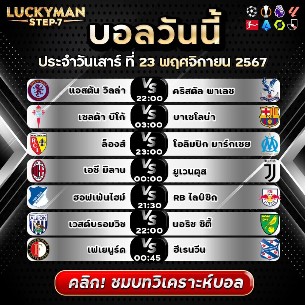 วิเคราะห์บอลวันนี้ ทีเด็ด สเต็ป วันเสาร์ 23 พฤศจิกายน 2567