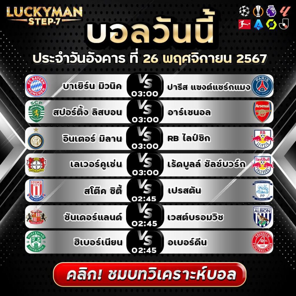 วิเคราะห์บอลวันนี้ ทีเด็ด สเต็ป วันอังคารที่ 26 พฤศจิกายน 2567